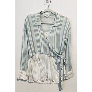Umgee Top Womens Medium Green Striped Side Tie Button Up V Neck Boho Preppy